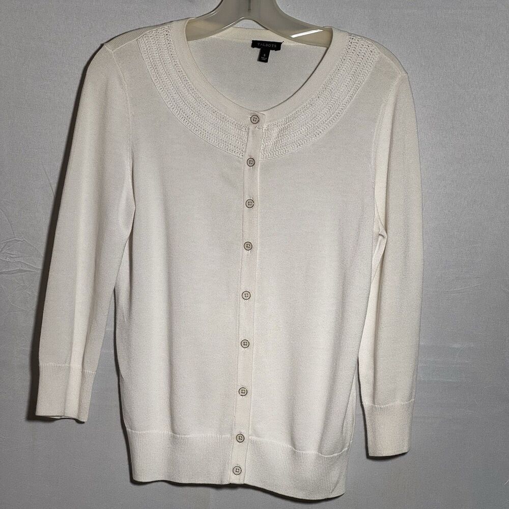 Talbots White Button Front Cardigan Sweater Small Crochet Trim Long Sleeve